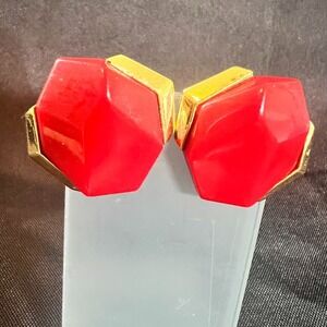 Vintage‎ Trifari Red Geometric Clip-On Earrings Gold Statement Earrings Bold